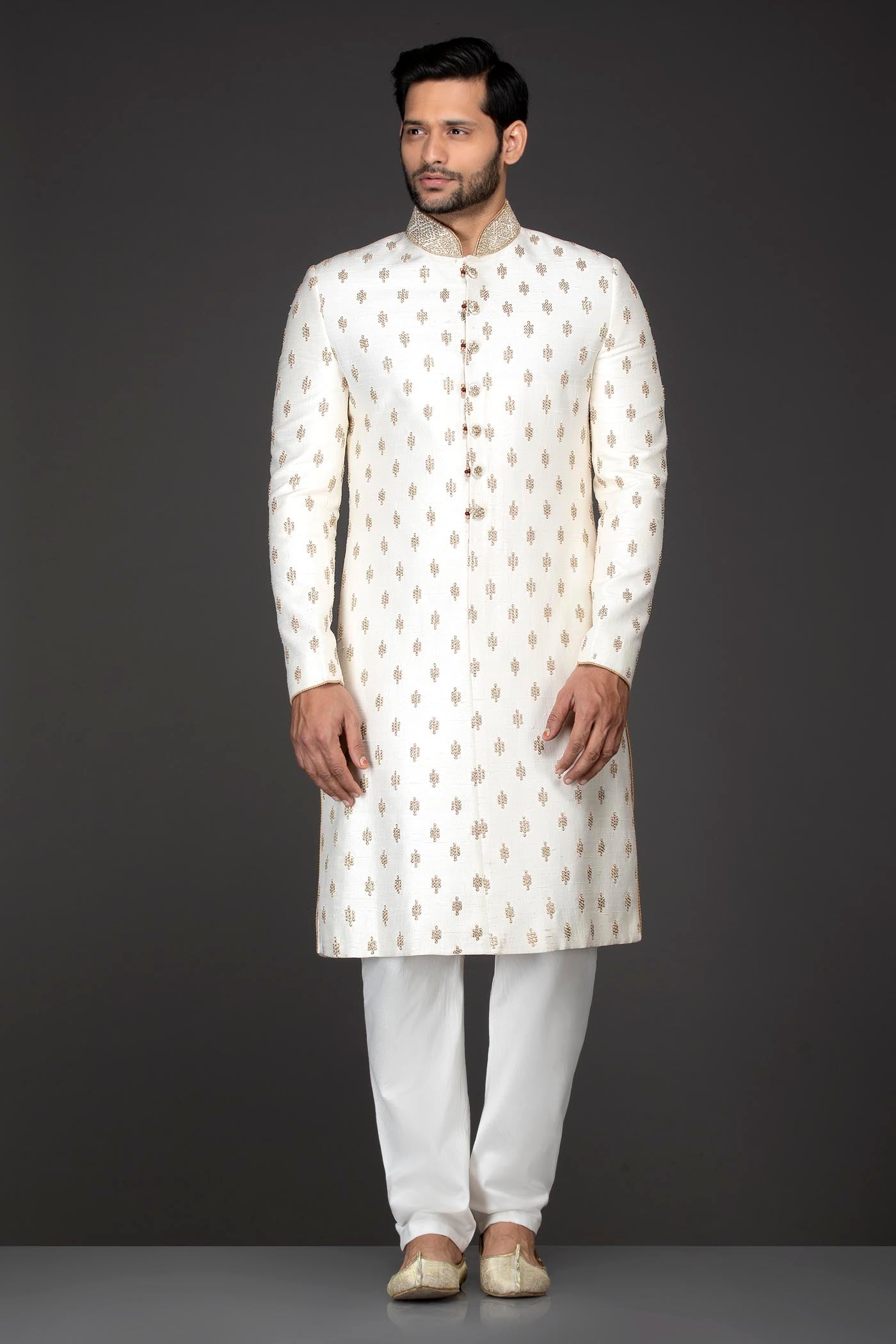 White Colour Silk Sherwani With White Bottoms
