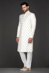 White Colour Silk Sherwani With White Bottoms