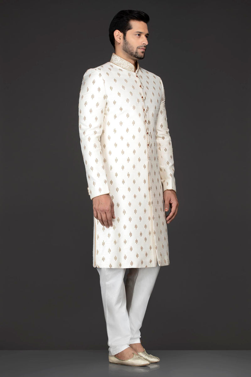 White Colour Silk Sherwani With White Bottoms