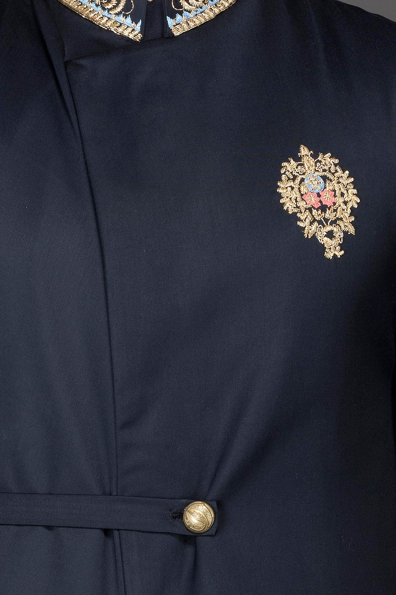 Navy Blue Indowestern Kurta And Bandi With Attached Shoulder Drape Paired With Ethnic Trousers