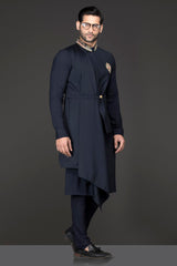 Navy Blue Indowestern Kurta And Bandi With Attached Shoulder Drape Paired With Ethnic Trousers