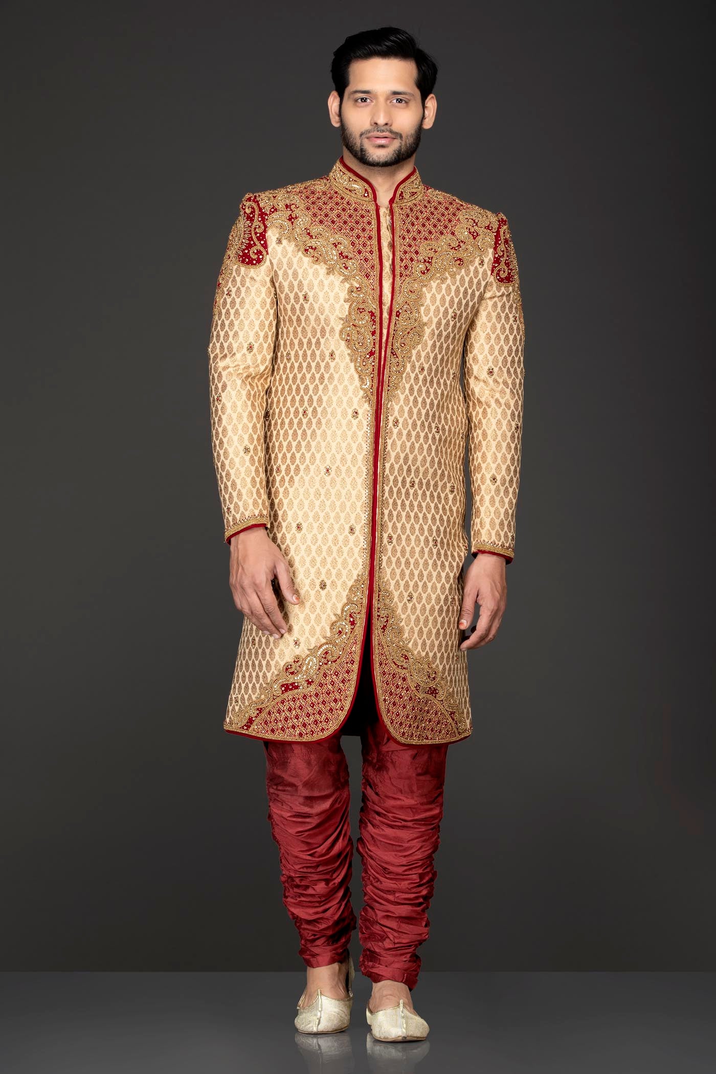 Gold Brocade Sherwani and Chuddidar with Red Velvet Patch, Dabka & Silver Stone Embroidery