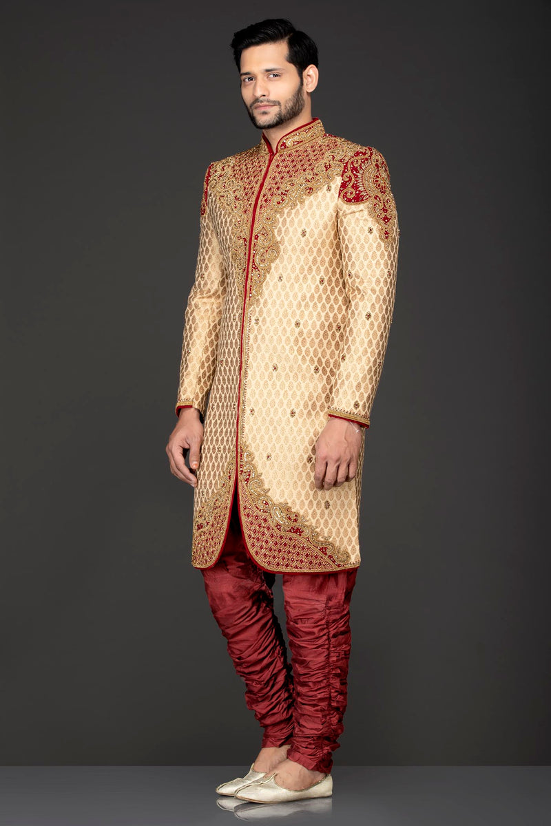Gold Brocade Sherwani and Chuddidar with Red Velvet Patch, Dabka & Silver Stone Embroidery
