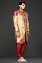 Gold Brocade Sherwani and Chuddidar with Red Velvet Patch, Dabka & Silver Stone Embroidery