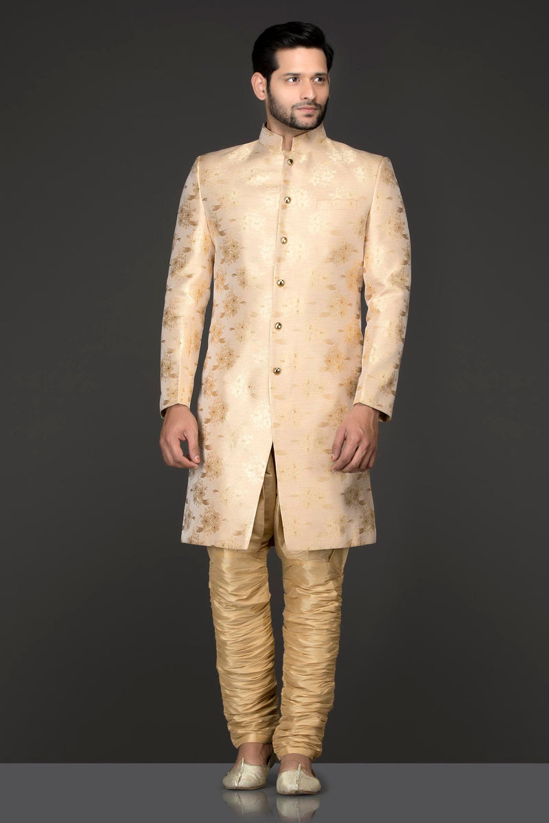 Gold Printed Silk Sherwani Self Print With Gold Trousers