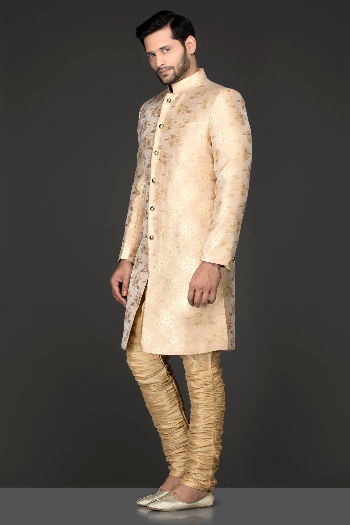 Gold Printed Silk Sherwani Self Print With Gold Trousers