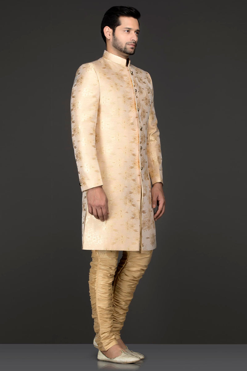 Gold Printed Silk Sherwani Self Print With Gold Trousers