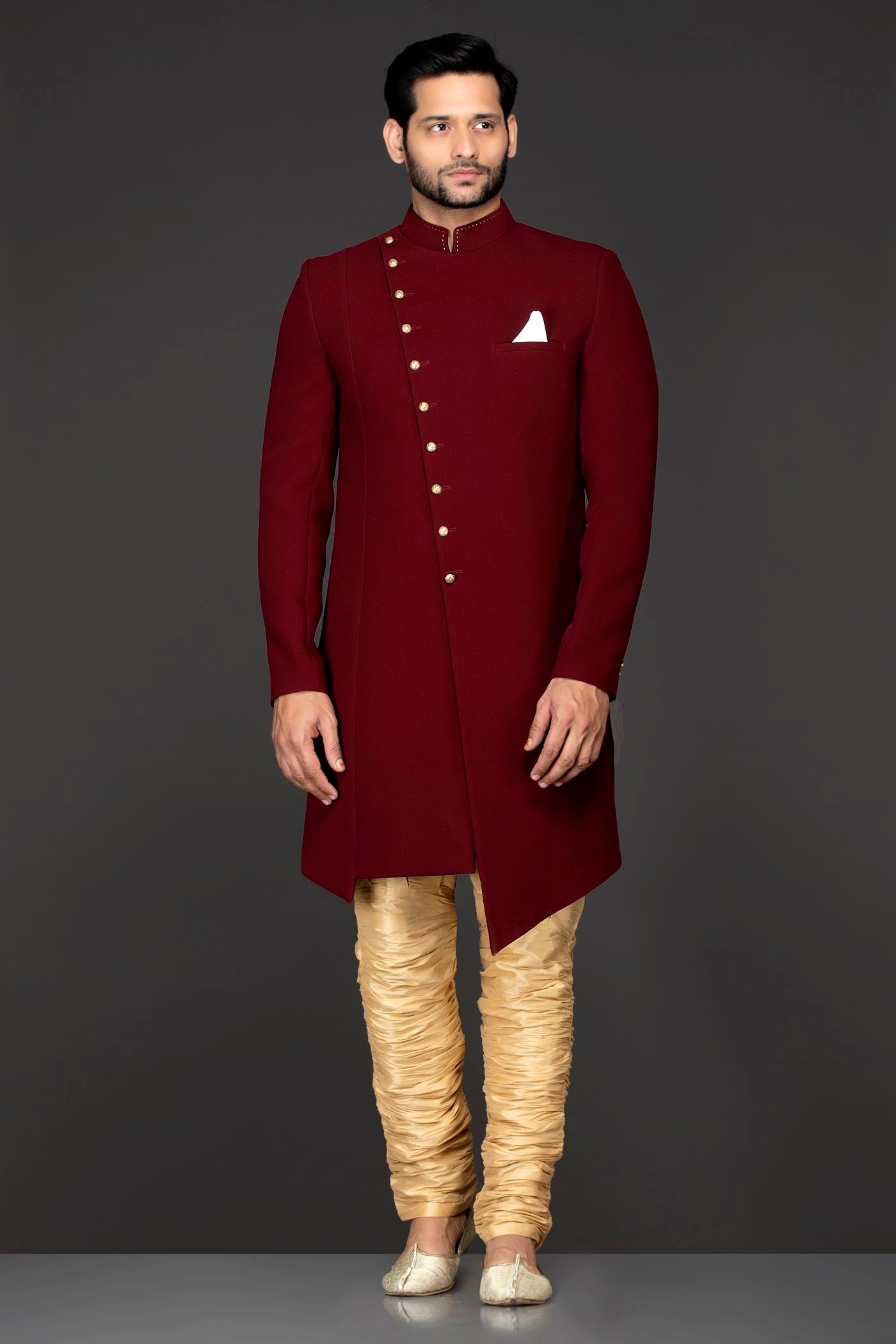 Maroon Silk Asymmetrical Sherwani Jacket With Gold Chudidar