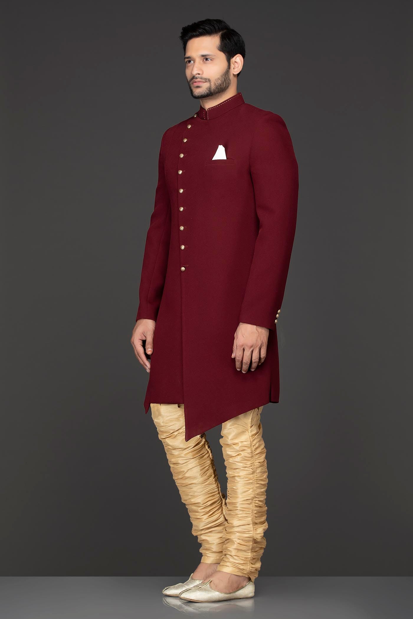 Maroon Silk Asymmetrical Sherwani Jacket With Gold Chudidar