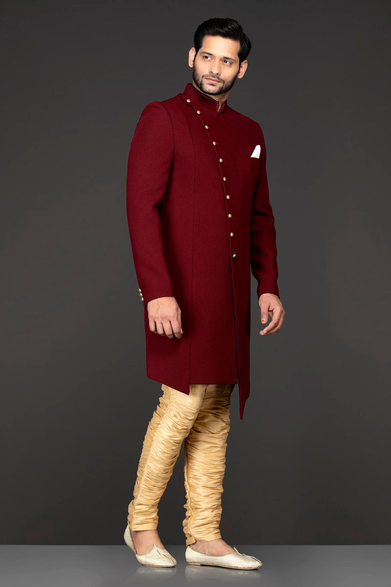 Maroon Silk Asymmetrical Sherwani Jacket With Gold Chudidar