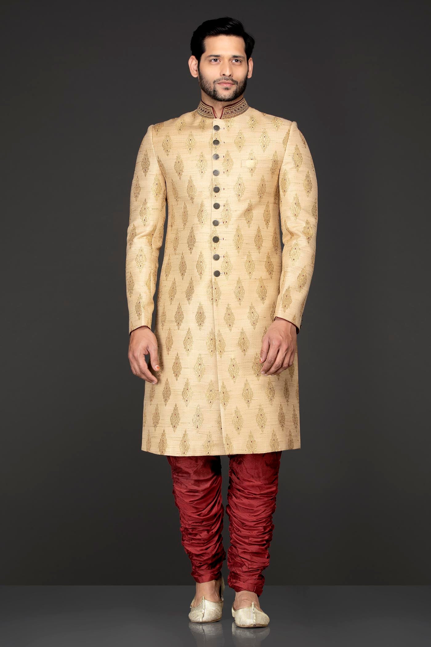 Gold Brocade Sherwani With Red Silk Chudidar(Bridges)