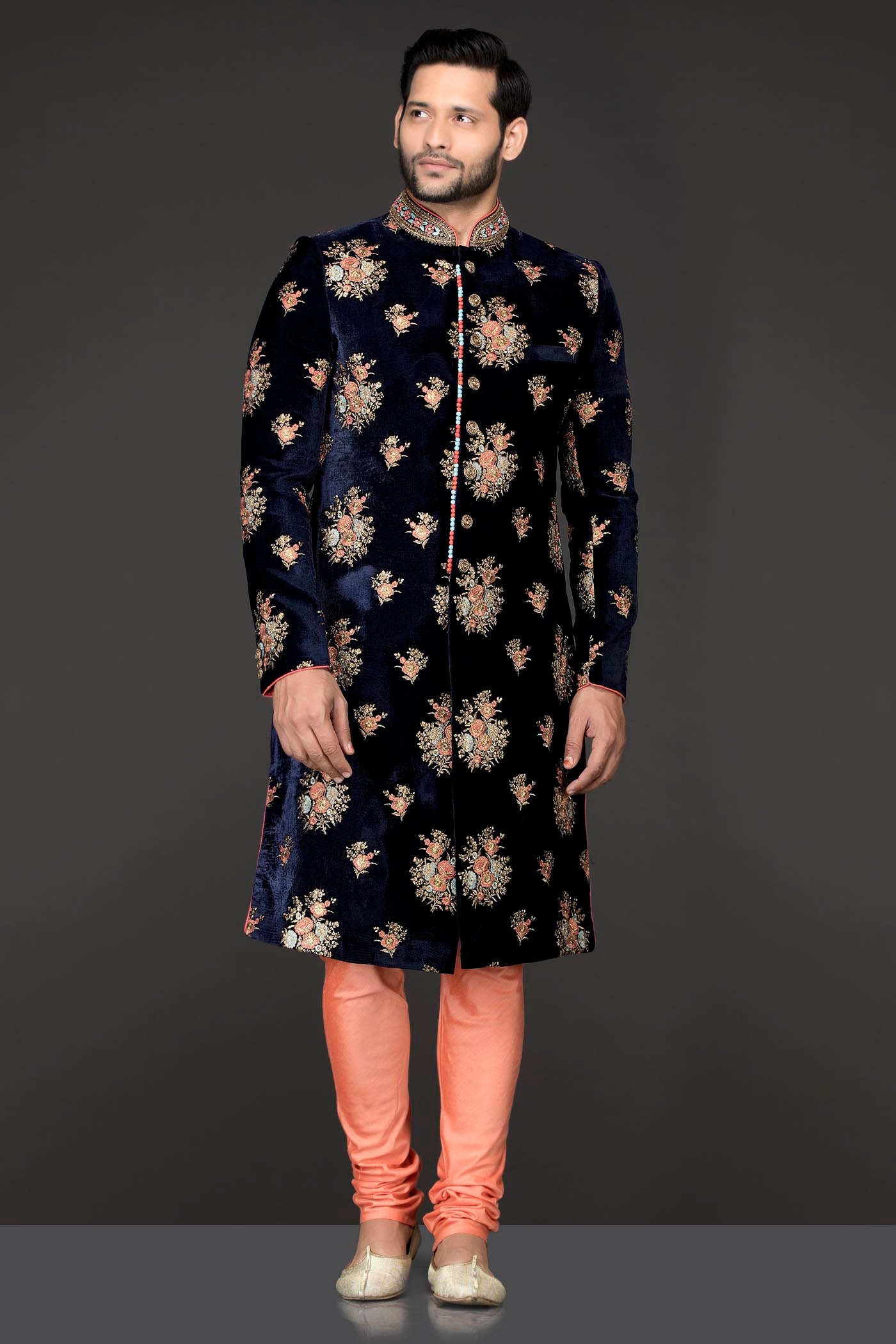 Navy Blue Velvet Sherwani With Multicolour Resham And Gold Zari Embroidery With Peach Silk Bottoms
