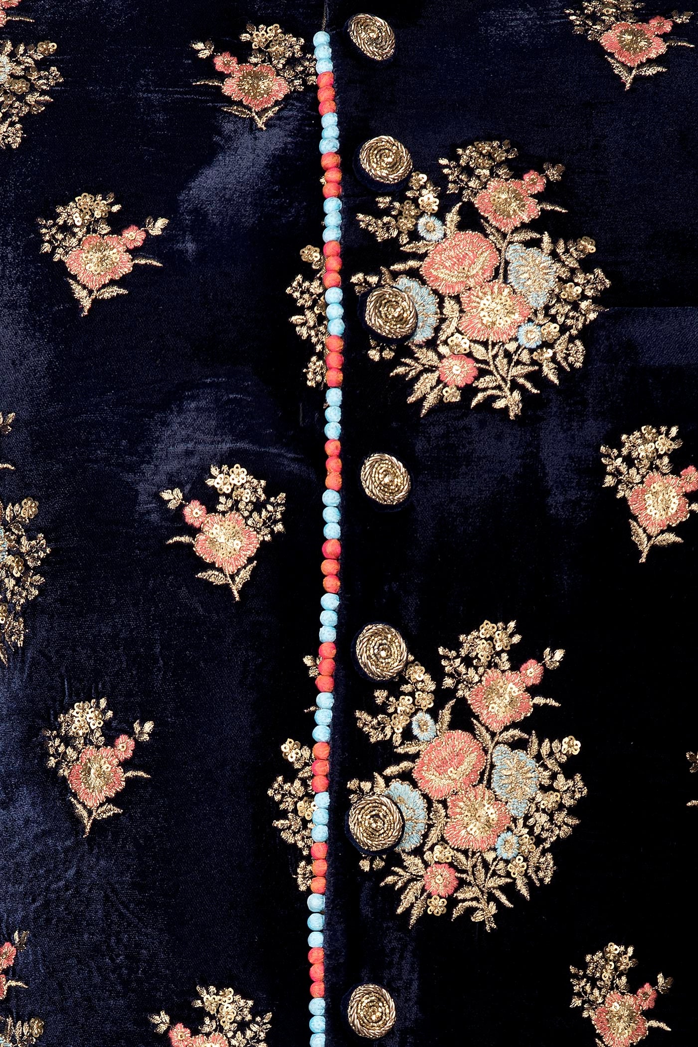 Navy Blue Velvet Sherwani With Multicolour Resham And Gold Zari Embroidery With Peach Silk Bottoms