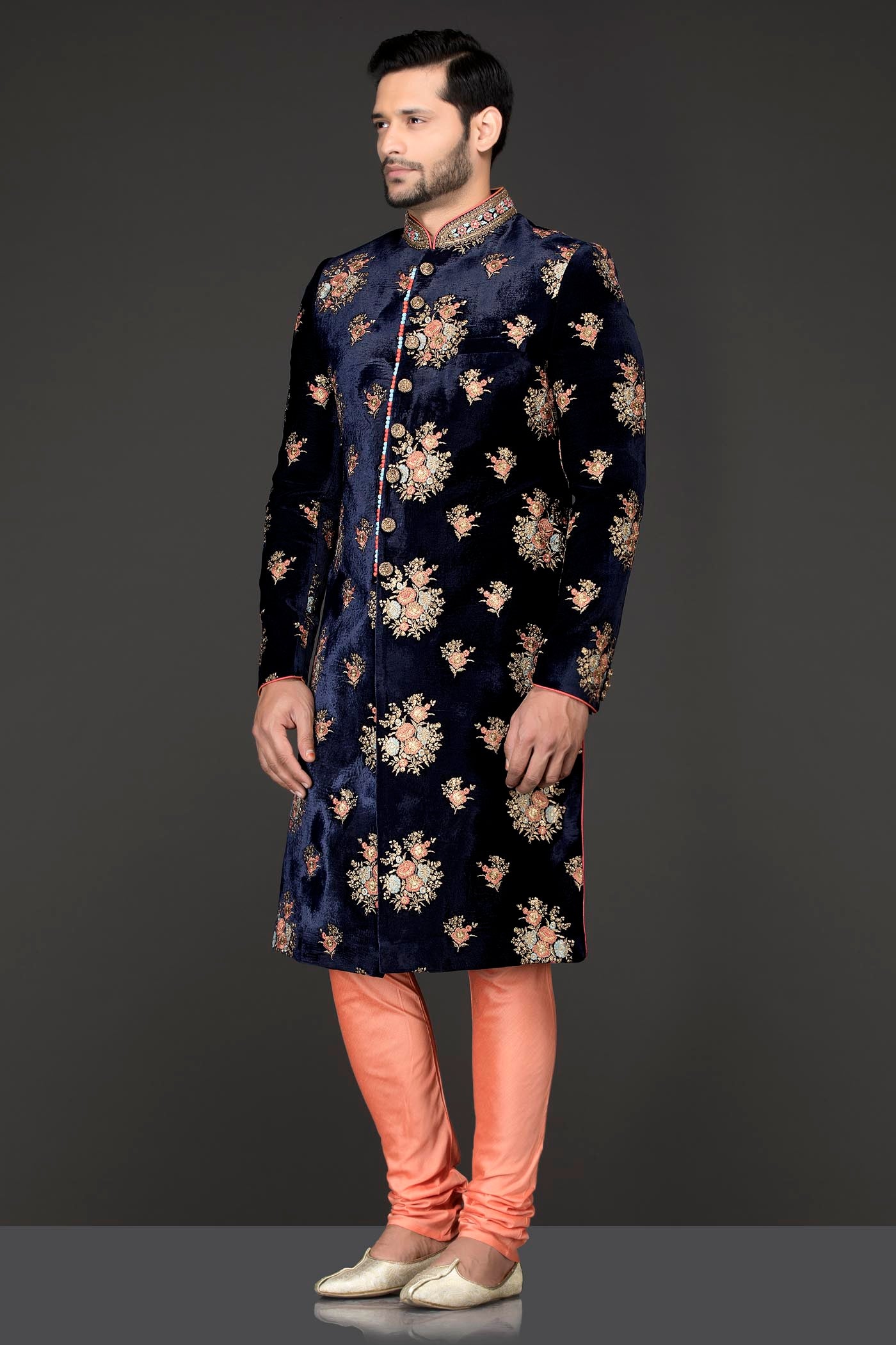 Navy Blue Velvet Sherwani With Multicolour Resham And Gold Zari Embroidery With Peach Silk Bottoms