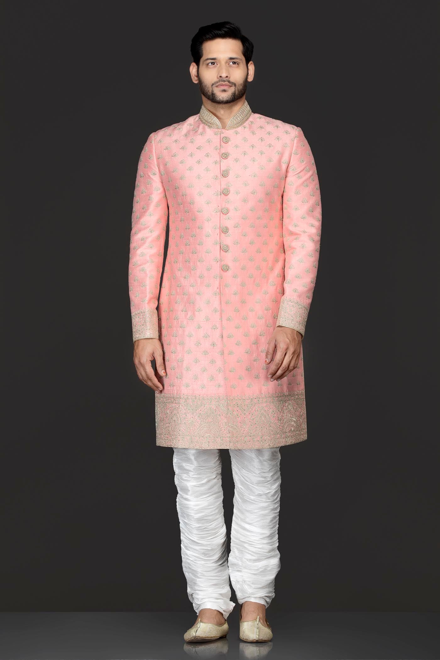 Peach Silk Sherwani With Silver Zari Embroidery And White Silk Bottoms