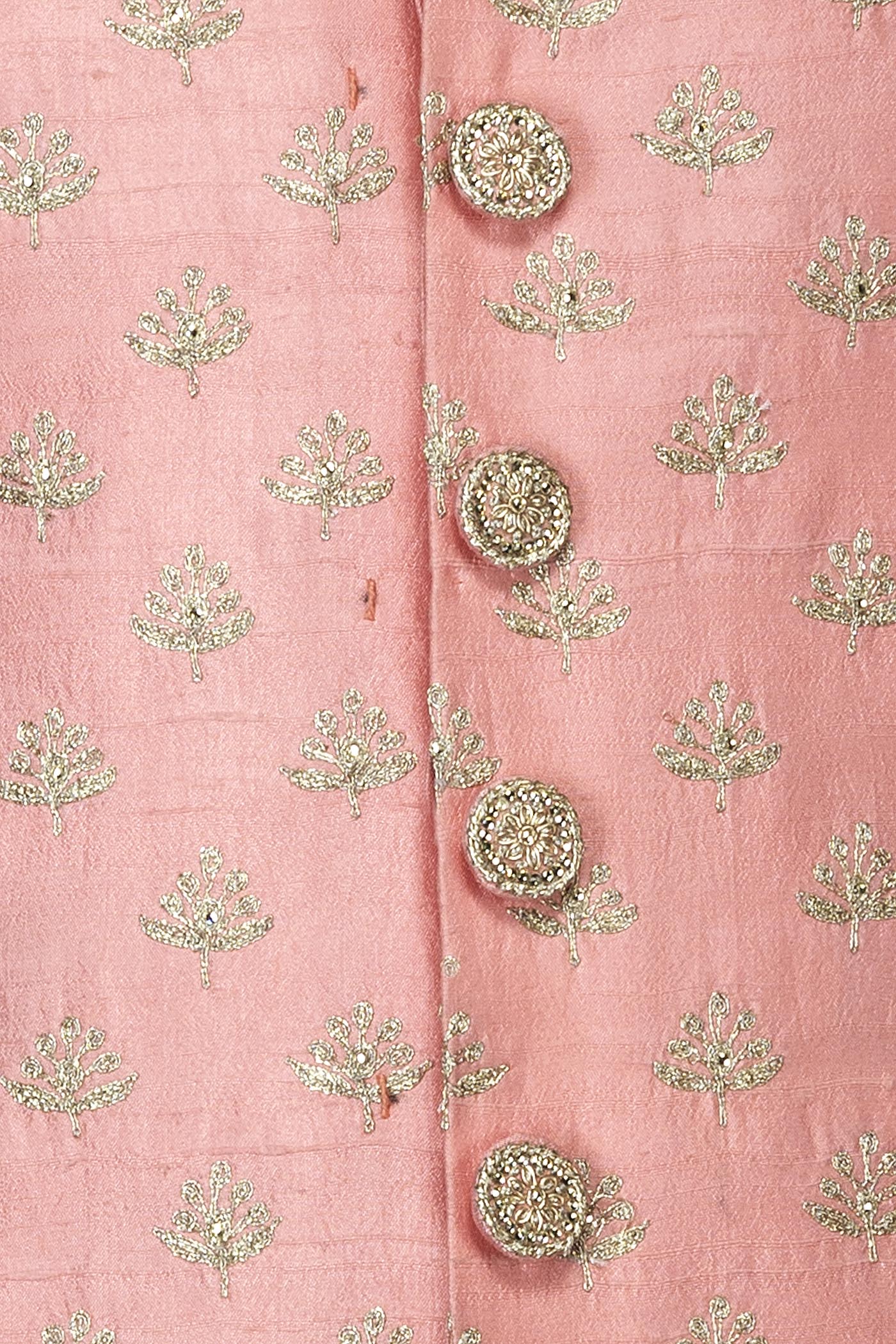 Peach Silk Sherwani With Silver Zari Embroidery And White Silk Bottoms
