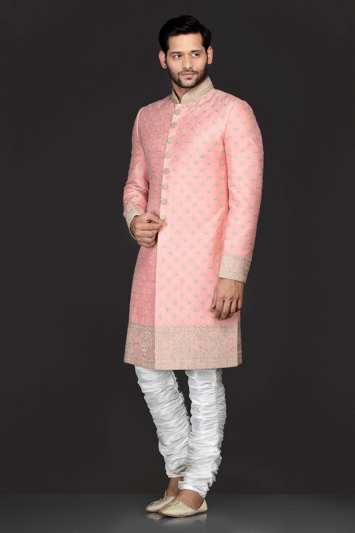 Peach Silk Sherwani With Silver Zari Embroidery And White Silk Bottoms