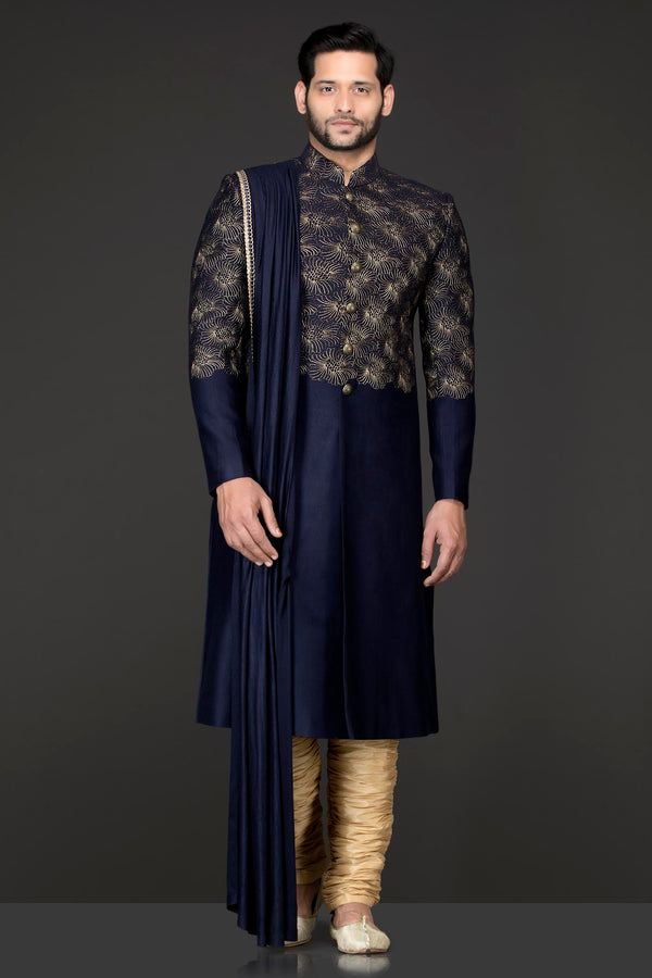 Blue Silk Suiting Jacket Sherwani With Shoulder Lycra Drape With Gold Silk Chudidar