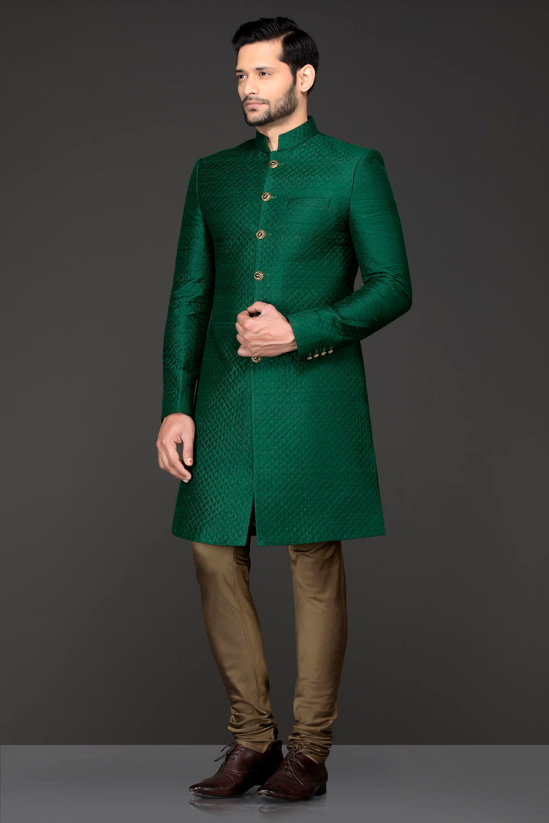 Emerald Green Quilted Fabric Sherwani With Gold Chudidar