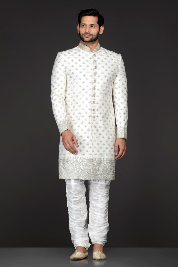 White Colour Silk Sherwani With Silver Zari Embroidery And White Silk Chudidar