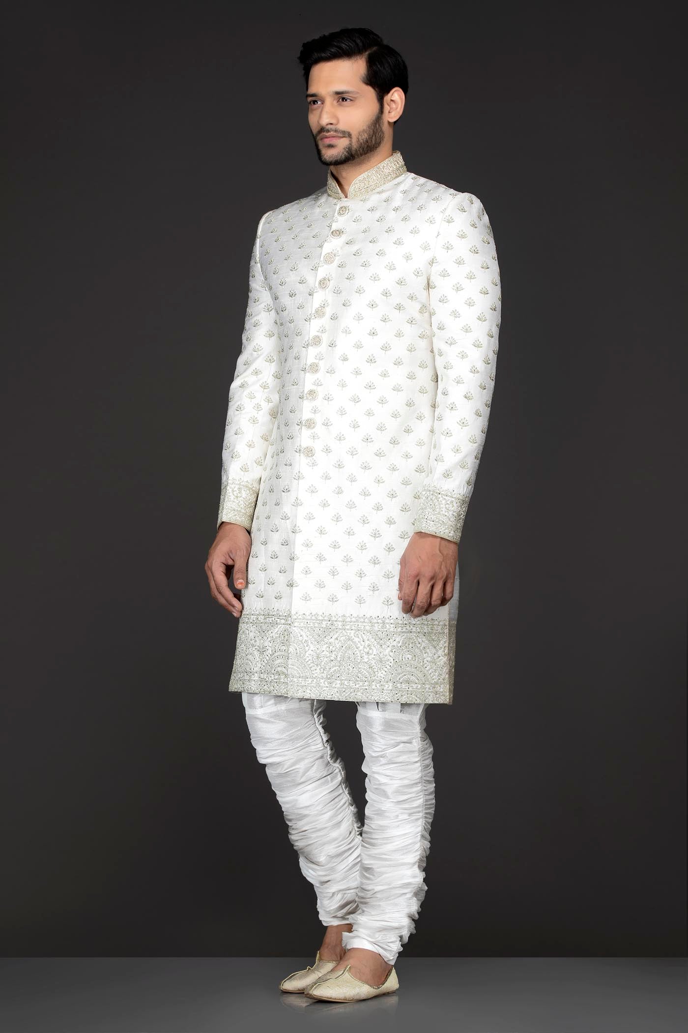 White Colour Silk Sherwani With Silver Zari Embroidery And White Silk Chudidar