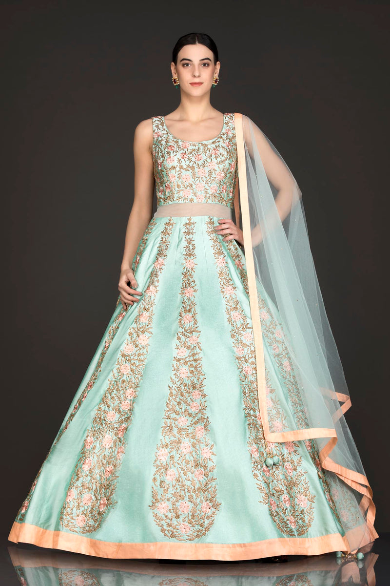 Mint Green Silk Anarkali/Gown With Net Dupatta And Resham/Thread And Gold Zari Embroidery