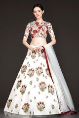 White Silk Lehenga Top With Maroon And Peach Velvet Patch Floral Embroidery