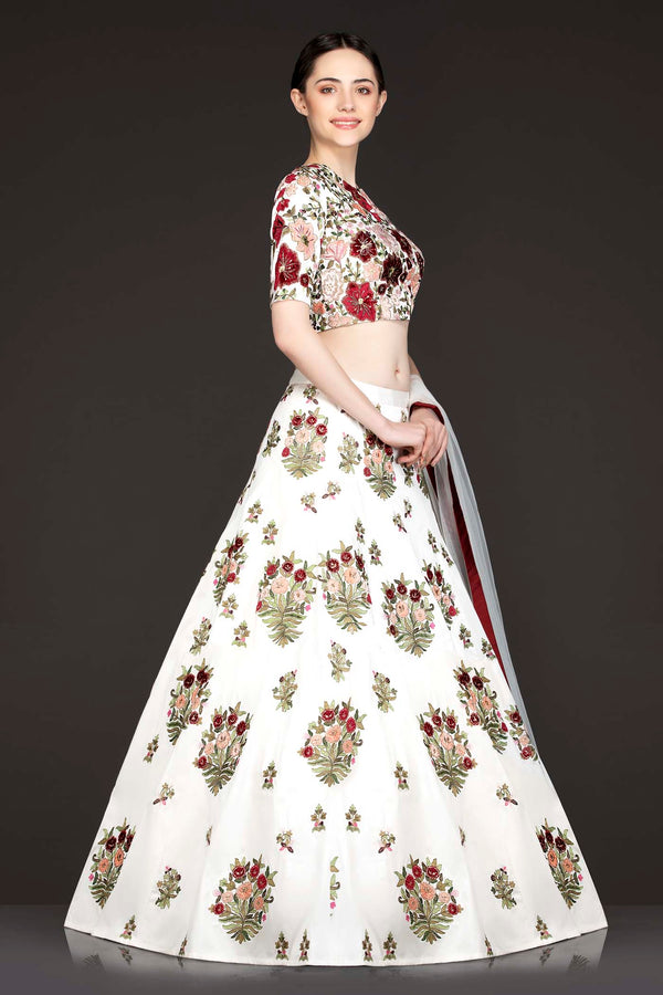 White Silk Lehenga Top With Maroon And Peach Velvet Patch Floral Embroidery