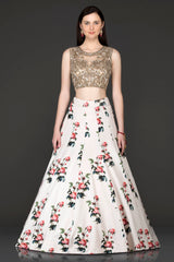 White Floral Skirt With Gold Embroidery Top With Net Dupatta