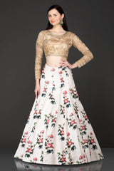 White Floral Skirt With Gold Organza Embriodery Top With Net Dupatta