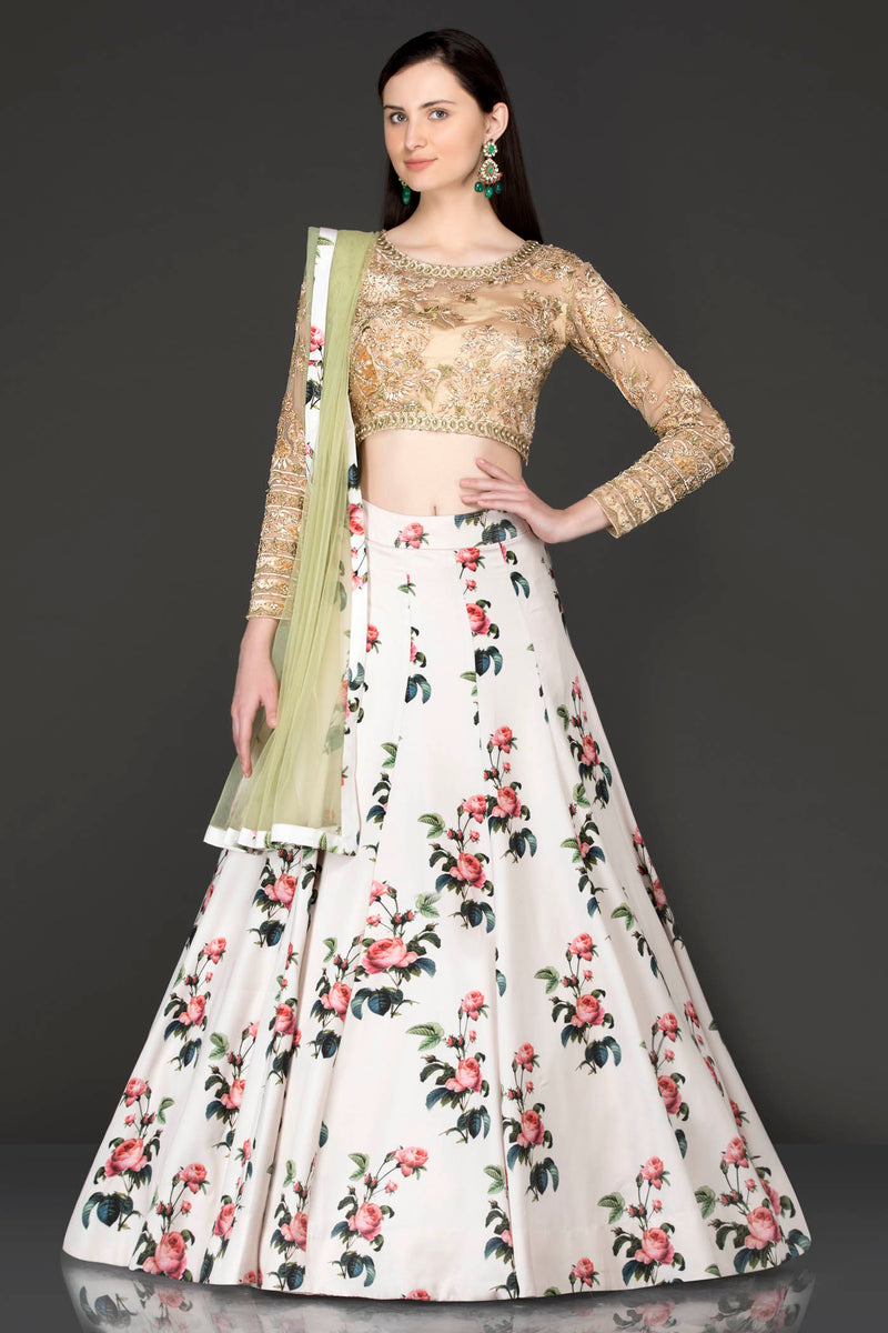 White Floral Skirt With Gold Organza Embriodery Top With Net Dupatta