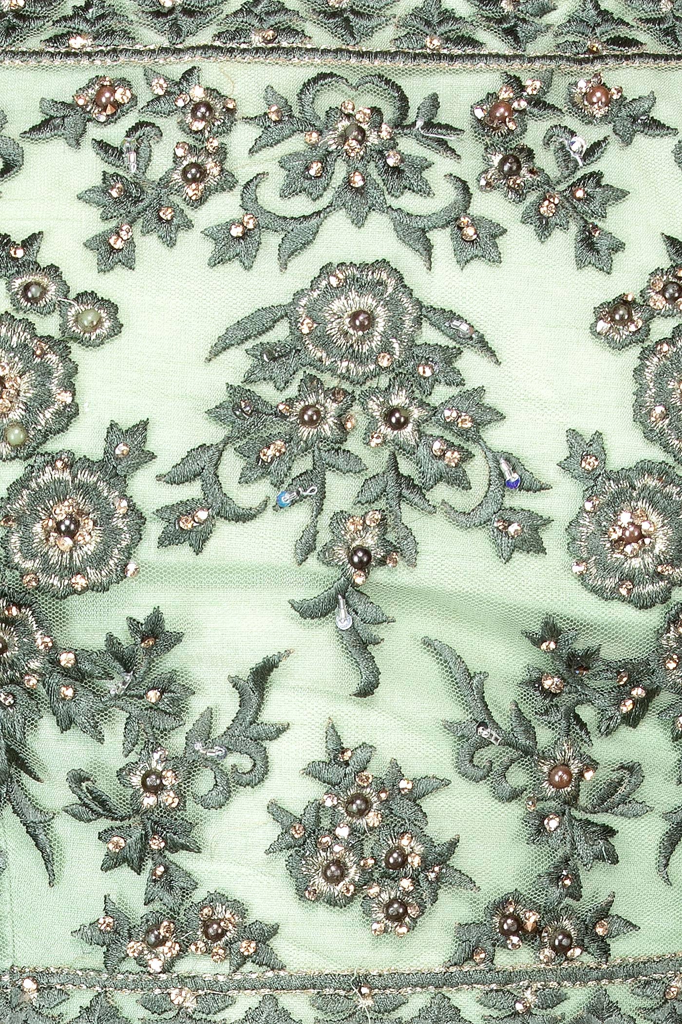 Mint Green Net Lehenga Top With Grey Thread/Resham Embroidery Highlighted With Silver Stones