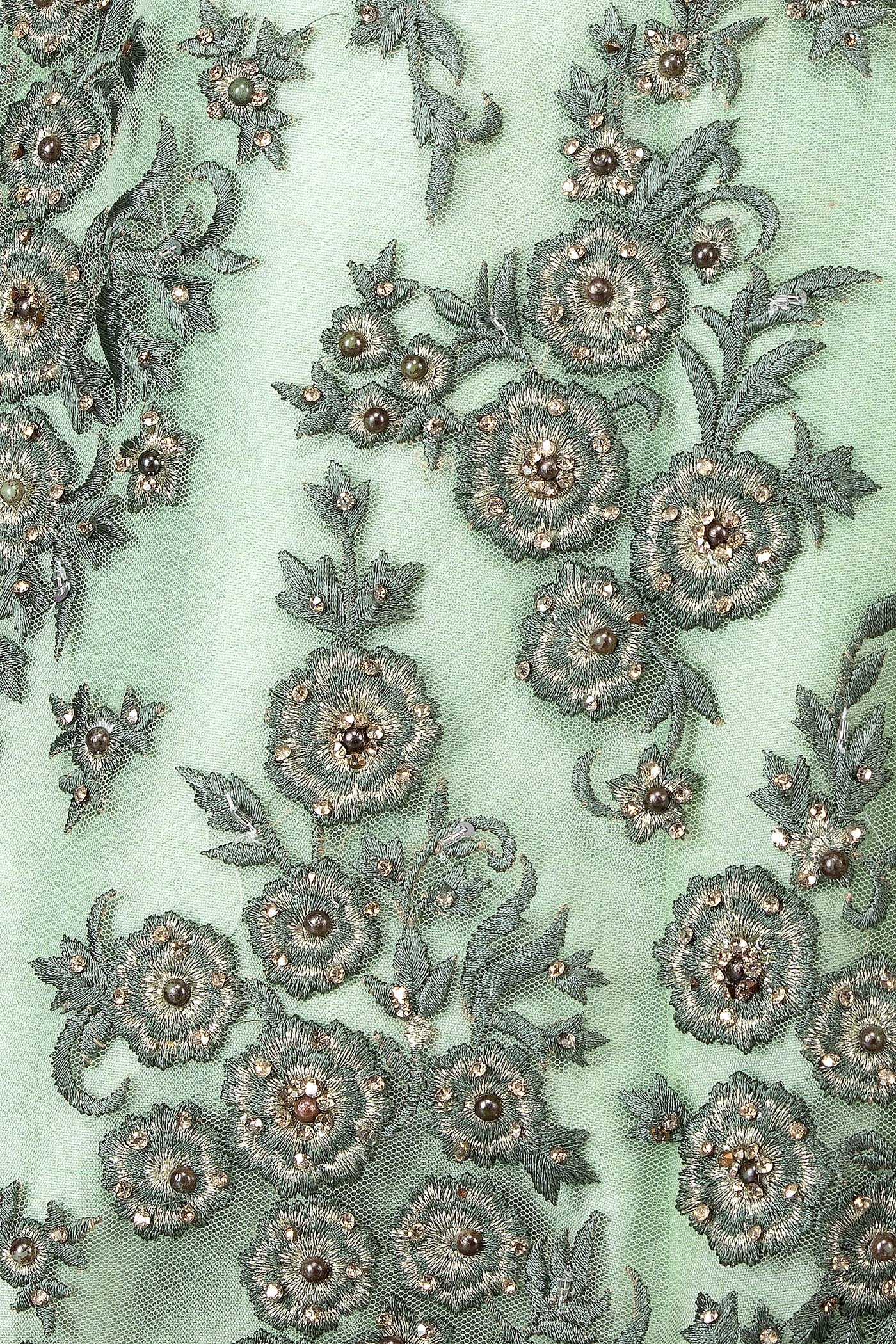 Mint Green Net Lehenga Top With Grey Thread/Resham Embroidery Highlighted With Silver Stones