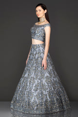 Grey Net Lehenga Top With Grey Resham/Thread Embriodery Highlighted With Silver Stones