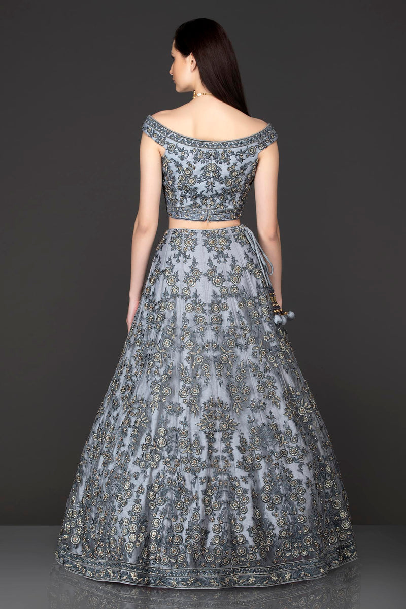Grey Net Lehenga Top With Grey Resham/Thread Embriodery Highlighted With Silver Stones
