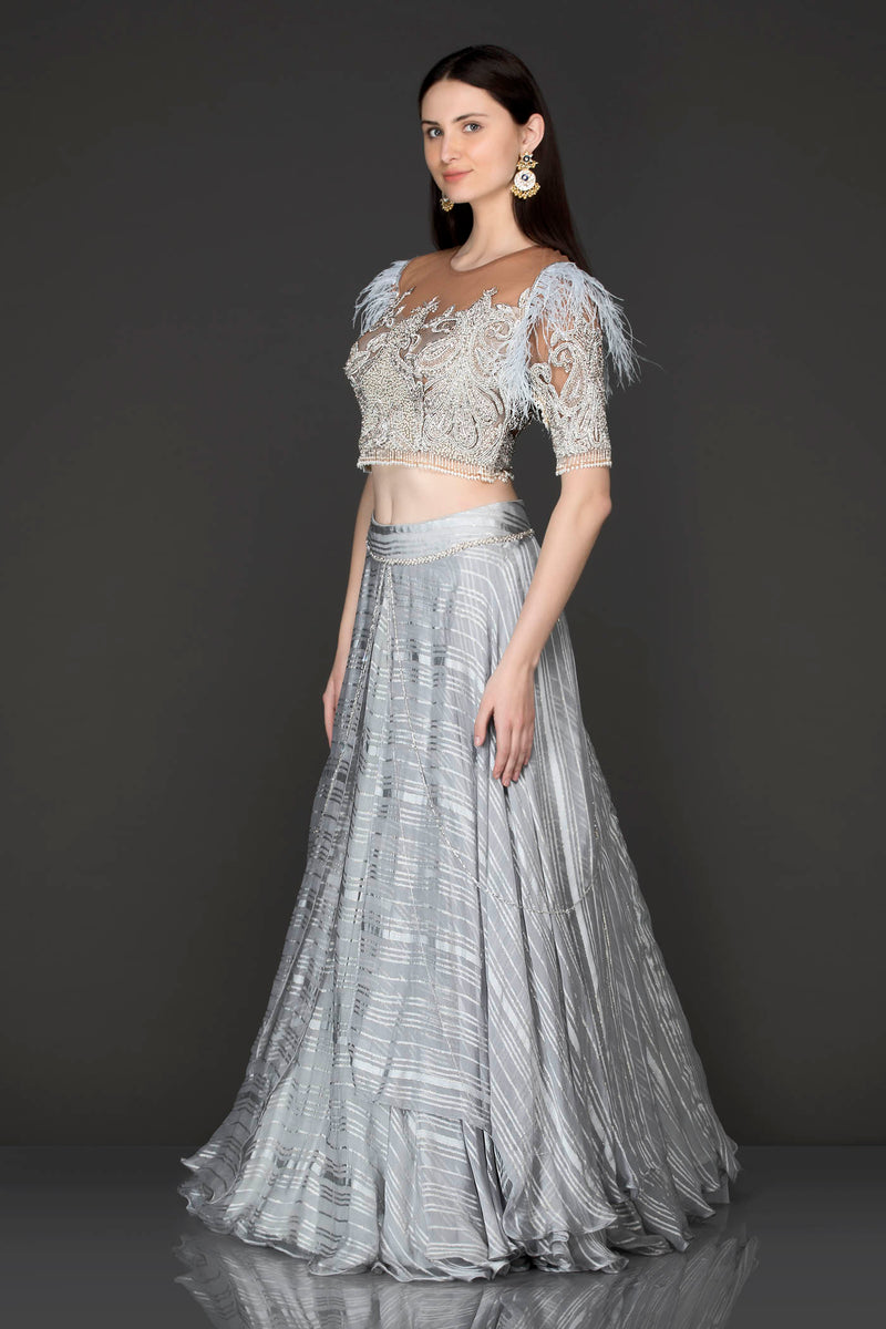 Grey Net Top With Grey Printed Crepe Skirt With Silver Dabka And White Feather Embriodery