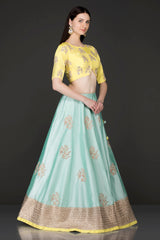 Silk Lehenga, Top and Net Dupatta with Gold Dabka and Pearl Embroidery