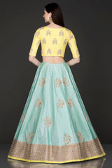 Silk Lehenga, Top and Net Dupatta with Gold Dabka and Pearl Embroidery