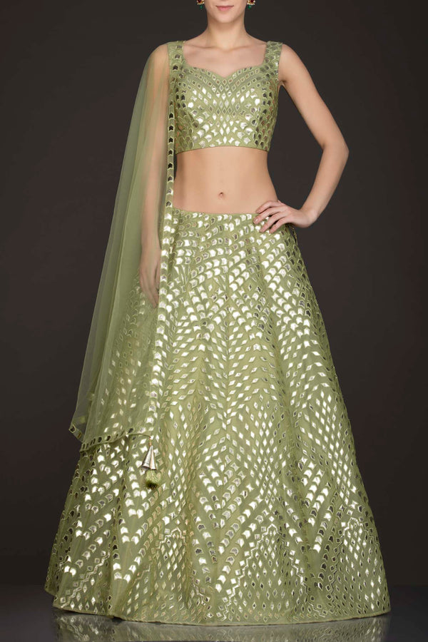 Olive Green Organza Lehenga-Top With Leather Patch Embroidery