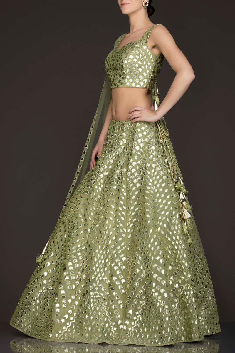 Olive Green Organza Lehenga-Top With Leather Patch Embroidery