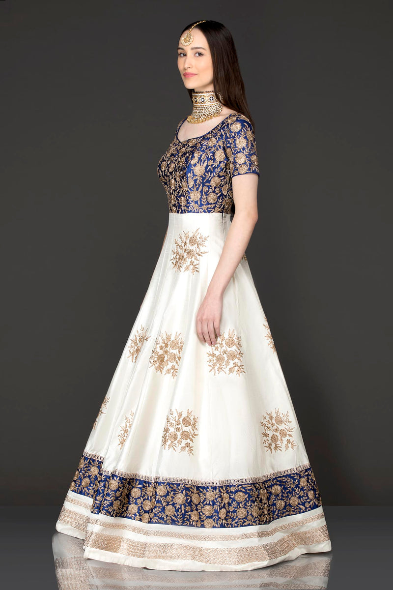 Royal Blue And White Silk Anarkali With Gold Zari Embriodery