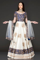 Royal Blue And White Silk Anarkali With Gold Zari Embriodery