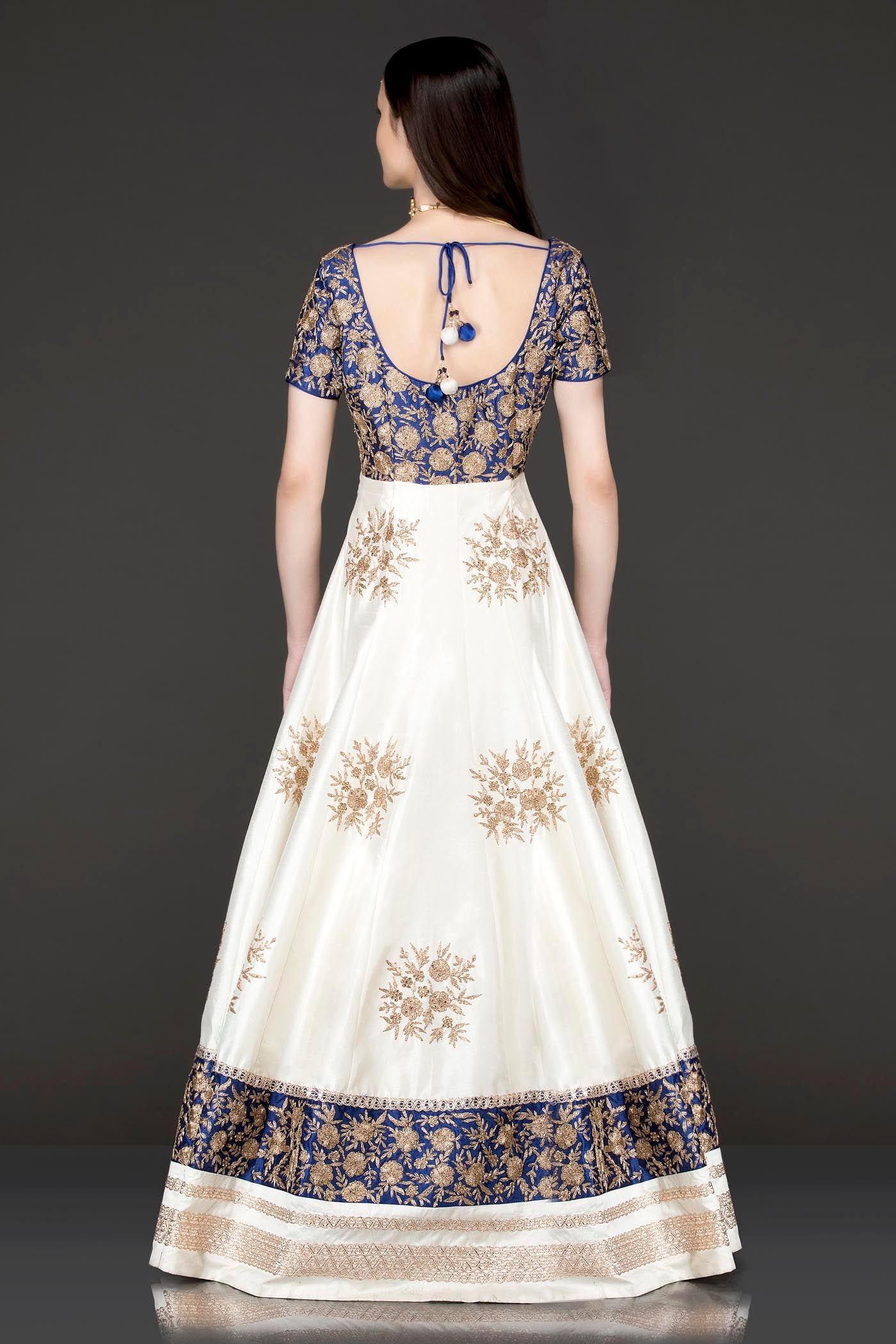 Royal Blue And White Silk Anarkali With Gold Zari Embriodery