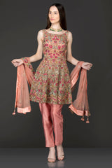 Dark Peach Peplum With Dark Peach Silk Pants/Trousers Embellished With Heavy Embriodery