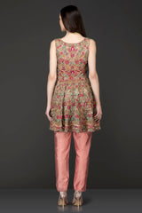 Dark Peach Peplum With Dark Peach Silk Pants/Trousers Embellished With Heavy Embriodery