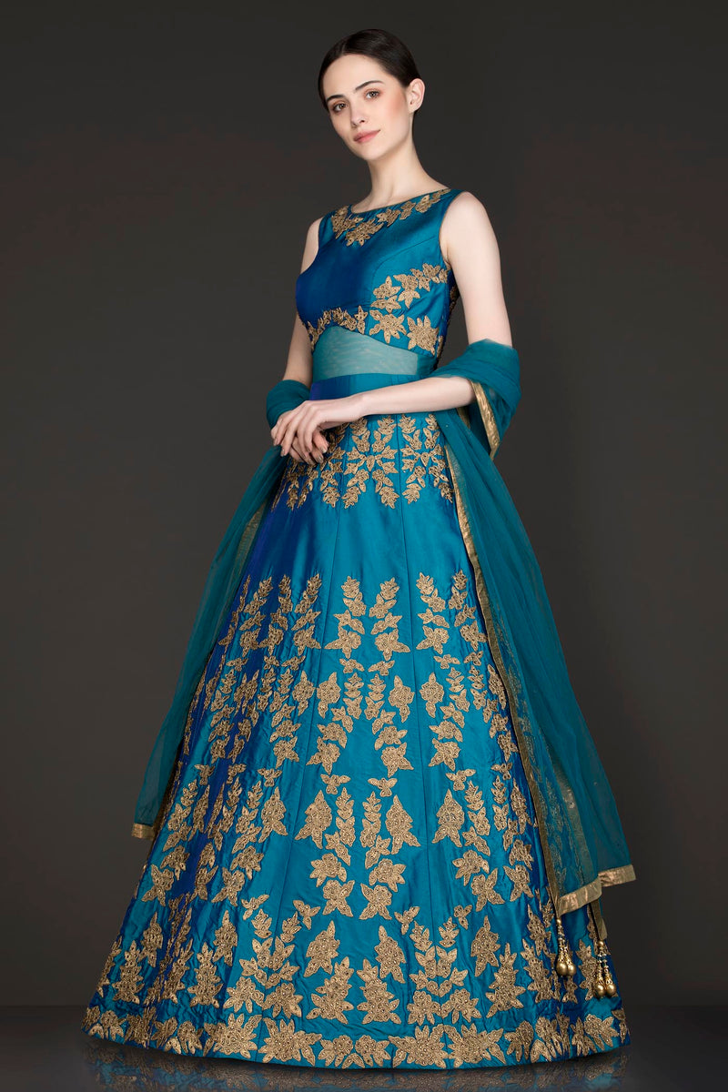 Ferozi Blue See Through Waist Anarkali/Gown With Net Dupatta