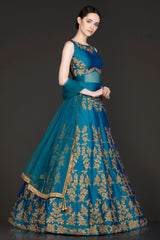 Ferozi Blue See Through Waist Anarkali/Gown With Net Dupatta