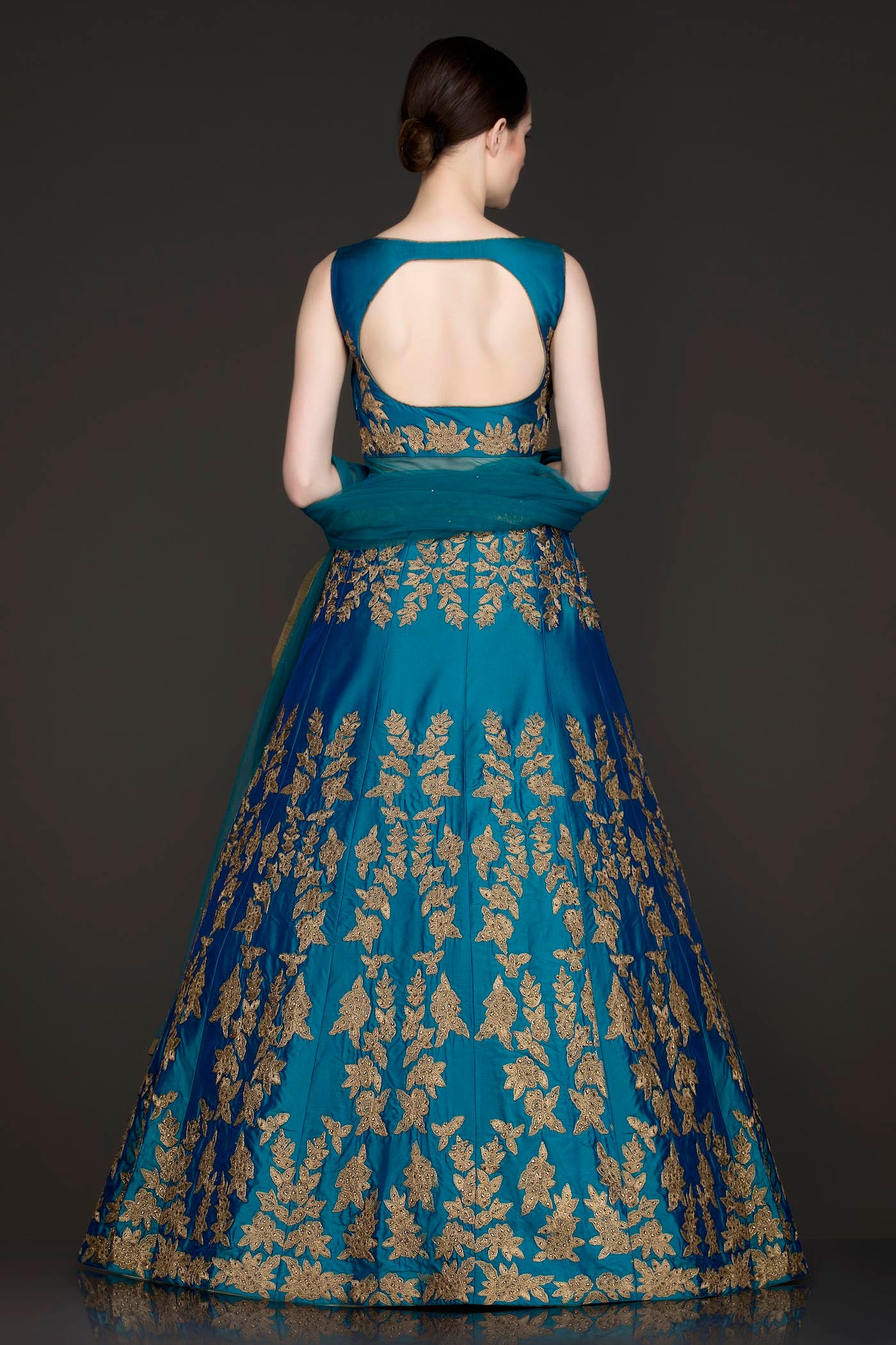 Ferozi Blue See Through Waist Anarkali/Gown With Net Dupatta