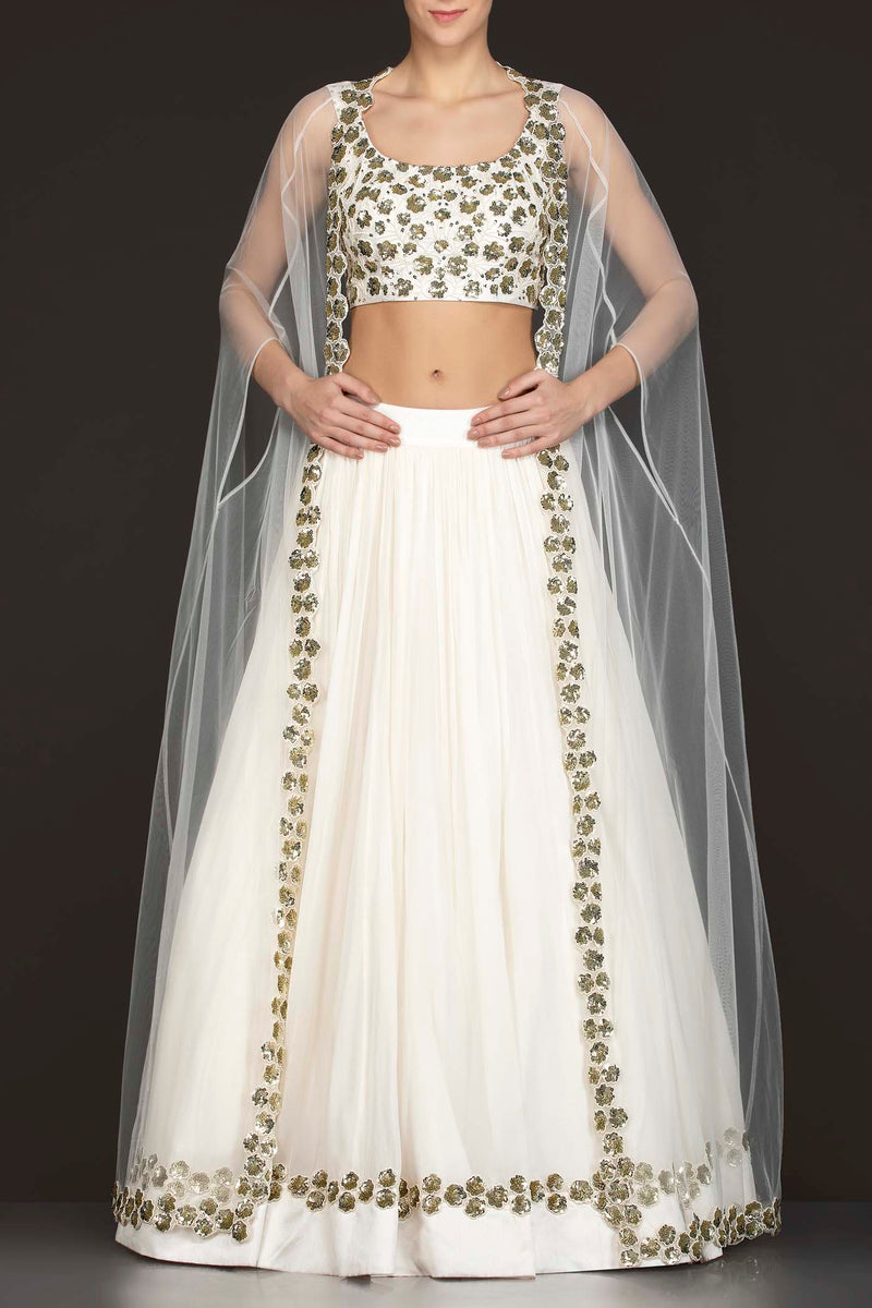 White Georgette Skirt With Net Cape And Silk Top