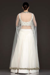 White Georgette Skirt With Net Cape And Silk Top